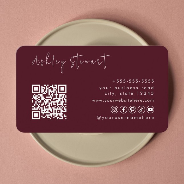 Professional Burgundy Qr Code Logo Minimal Script Business Card (Creator Uploaded)