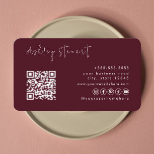 Professional Burgundy Qr Code Logo Minimal Script Business Card
