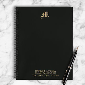 Professional Business Monogram Modern Black Gold Notebook