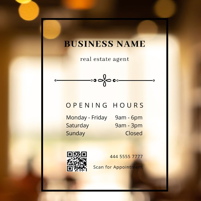Professional Business Office QRCode Opening Hours (Simple Business Office Black Rectangular  with QR Code window cling)