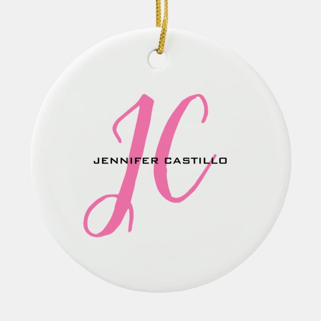 Professional Calligraphy Script Monogram Girly Ceramic Tree Decoration (Front)