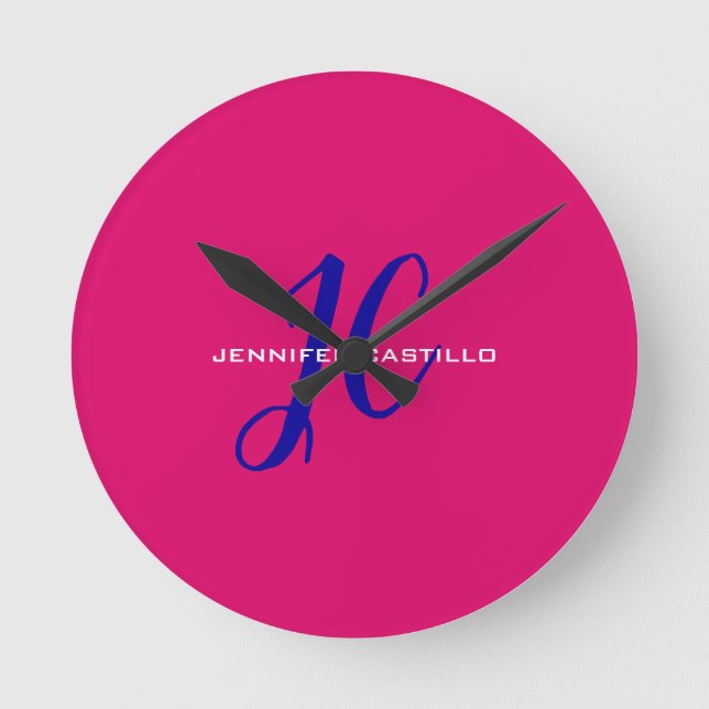 Professional Calligraphy Script Monogram Girly Round Clock (Front)