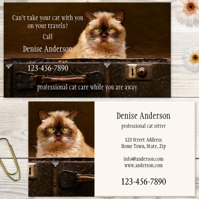 Professional Cat Sitter Business Card (Business card featuring a cute grumpy cat in a travel case. Great for a cat sitter)