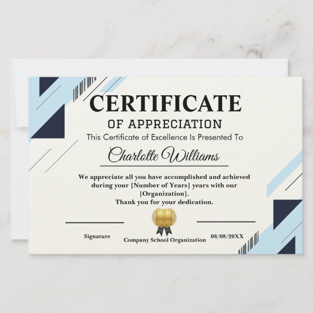 Professional Certificate of Appreciation Blue Gold Stationery (Front)