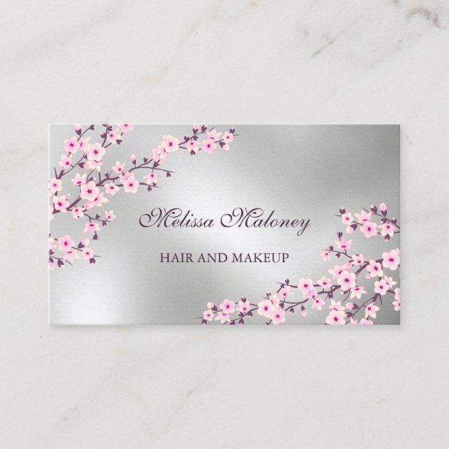 Professional Cherry Blossom Pink Silver Business Card (Front)
