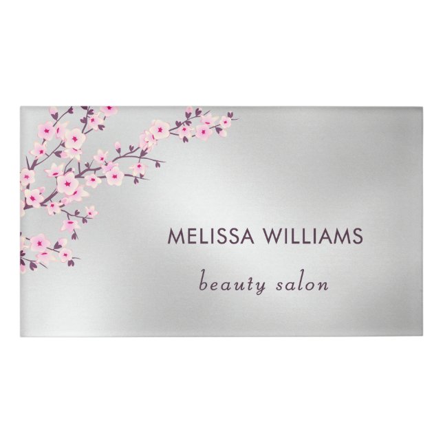 Professional Cherry Blossom Pink Silver Name Tag (Front)