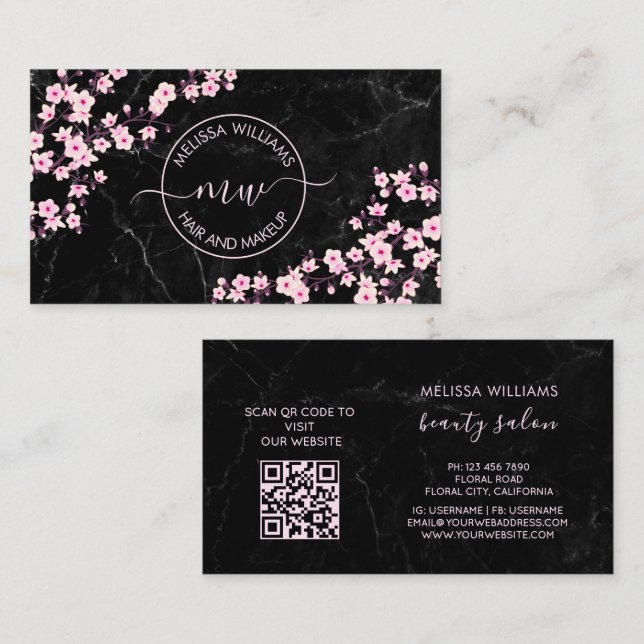 Professional Cherry Blossoms Black Marble Business Card (Front/Back)