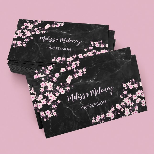 Professional Cherry Blossoms Black Marble Business Card (Creator Uploaded)