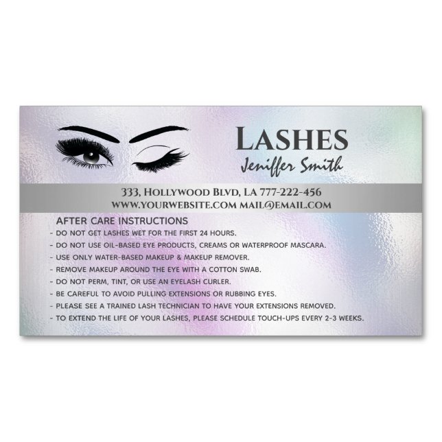 Professional chic holographic lashes after care magnetic business card (Front)