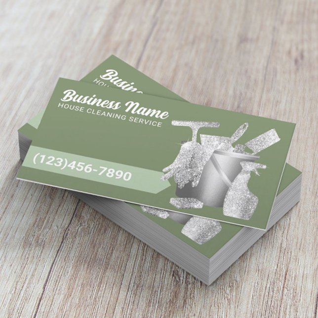 Professional Cleaning Maid Service Sage Green Business Card (Creator Uploaded)