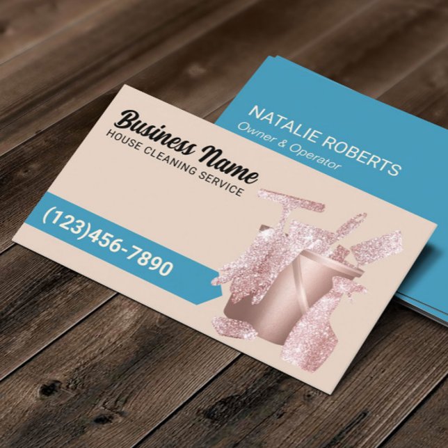 Professional Cleaning Service Beige Blue Rose Gold Business Card (Creator Uploaded)