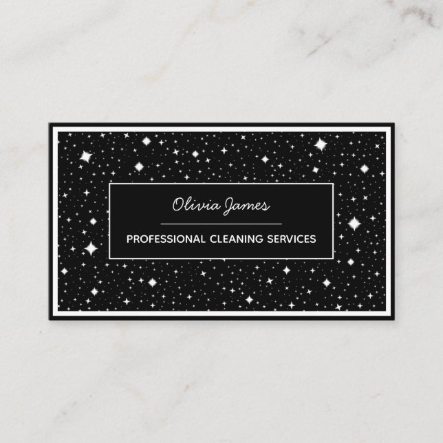 Professional cleaning service black sparkle business card (Front)