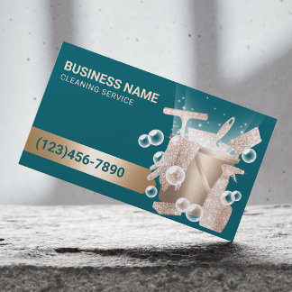 Professional Cleaning Service Teal & Gold Bubbles Business Card