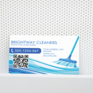 Professional Cleaning Services Blue Broom QR Code Business Card