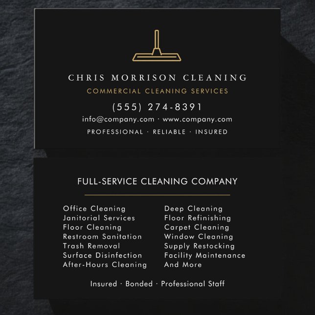 Professional Commercial Cleaning Black Gold Business Card (Creator Uploaded)