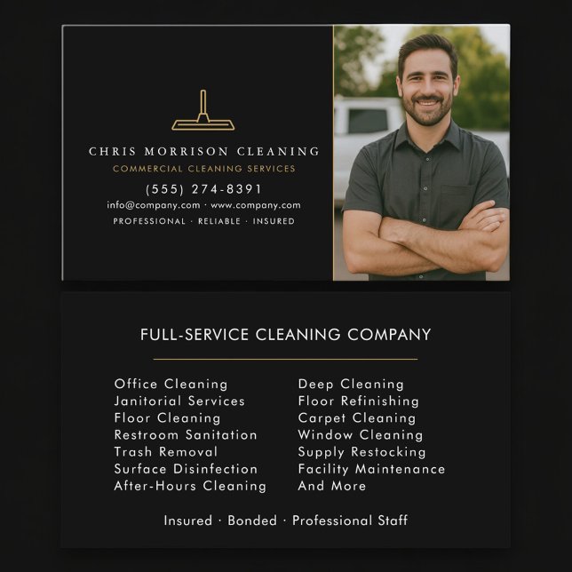 Professional Commercial Cleaning Photo Black Gold Business Card (Creator Uploaded)
