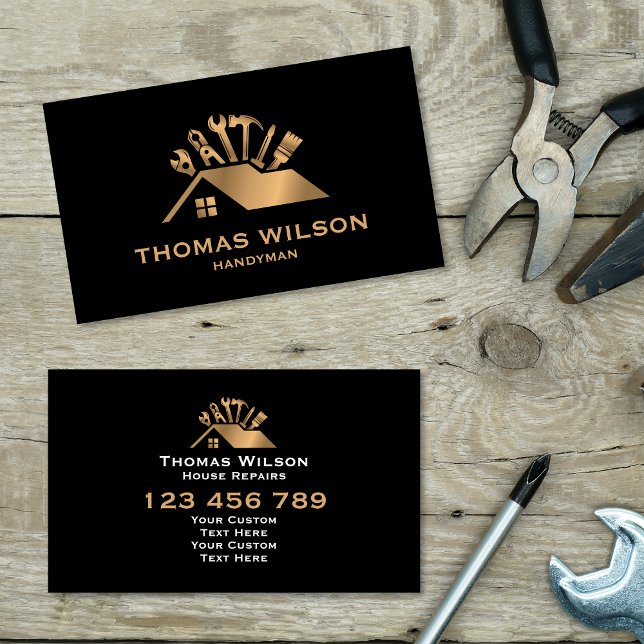 Professional Construction Handyman Carpenter Tools Business Card (handyman logo, gold house roof with tools)