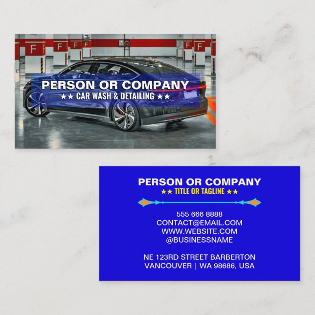 Professional Cool Black Blue Car Wash & Detailing Business Card (Front/Back)