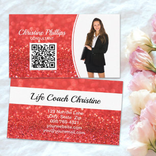 Professional Coral Faux Glitter Custom Photo QR Business Card
