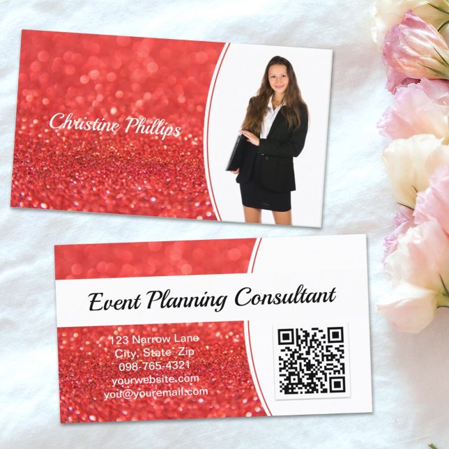 Professional Coral Glitter Custom Photo QR Business Card (This business card design features QR code and custom photo on a faux orange background. )
