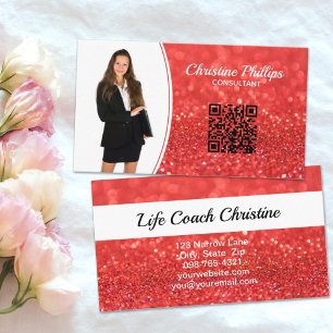 Professional Coral Glitter Custom Photo QR Business Card