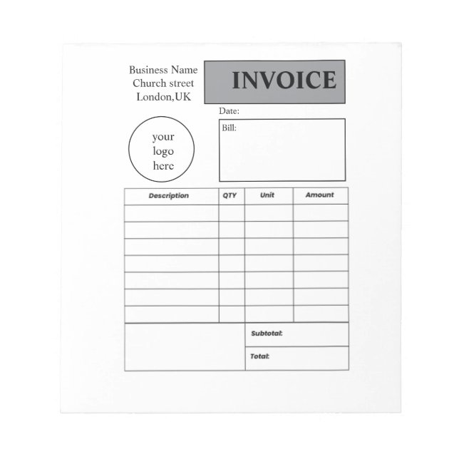 Professional custom business invoice notepad (Front)