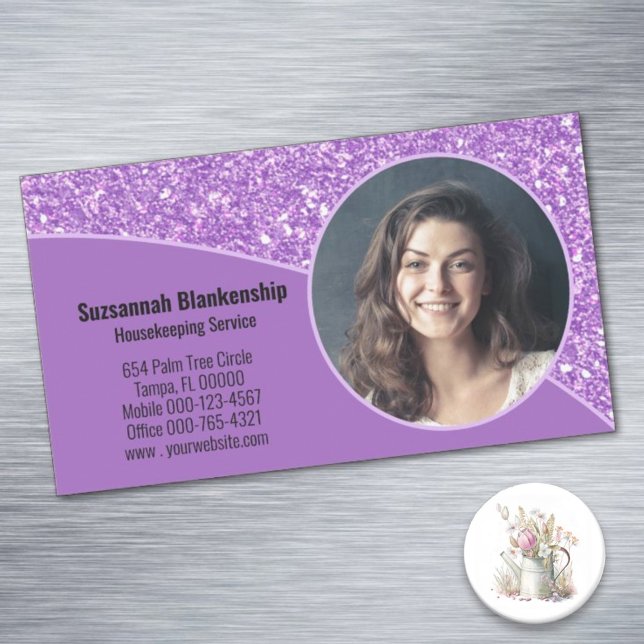 Professional Custom Photo Purple Faux Glitter Magnetic Business Card (Present magnet business cards so customers can affix to a refrigerator or file cabinet.)