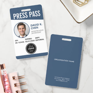 Professional Custom Press Pass ID Badge - Blue