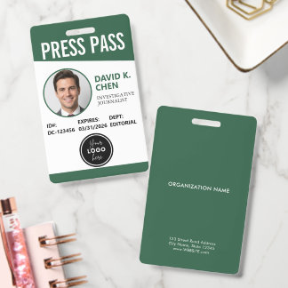 Professional Custom Press Pass ID Badge - Green