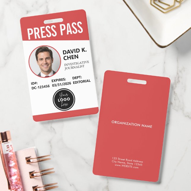 Professional Custom Press Pass ID Badge - Red  (Office)