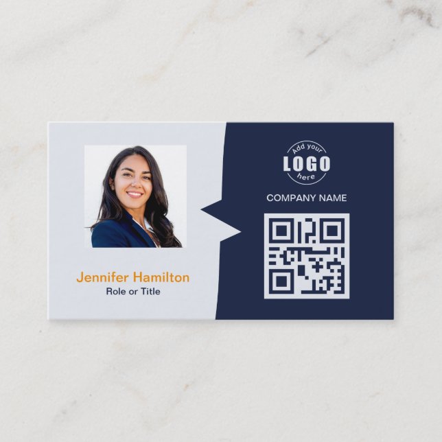 Professional Custom QRCode Photo Dark Blue Orange Business Card (Front)