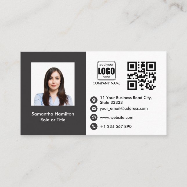 Professional Custom QRCode Photo Grey Business Card (Front)