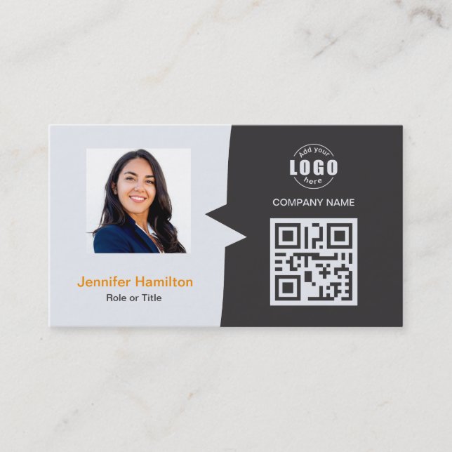 Professional Custom QRCode Photo Grey Orange Business Card (Front)