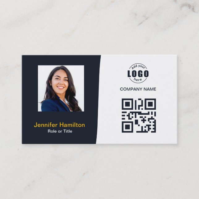 Professional Custom QRCode Photo Navy Blue Yellow Business Card (Front)