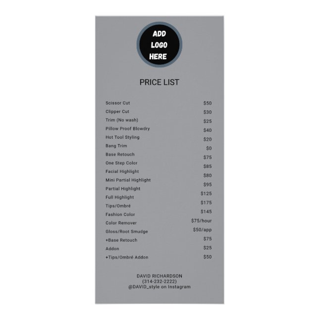 Professional Customised Logo  Price List  Rack Card (Front)
