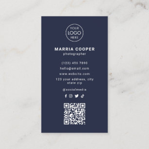 Professional Dark Blue Photo Logo QR Code  Business Card