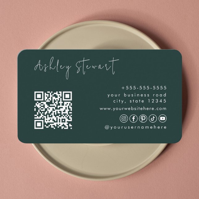Professional Dark Green Qr Code Minimal Script Business Card (Creator Uploaded)