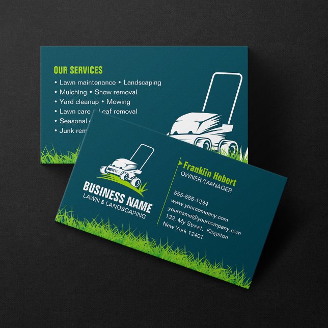 Professional Dark Teal Green Lawn Care Landscaping Business Card (Creator Uploaded)