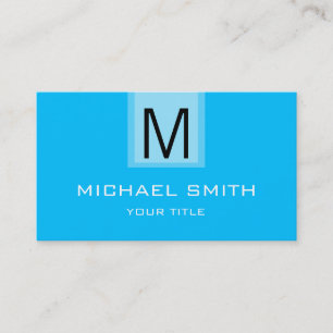 Professional Deep sky blue Solid Colour Monogram Business Card