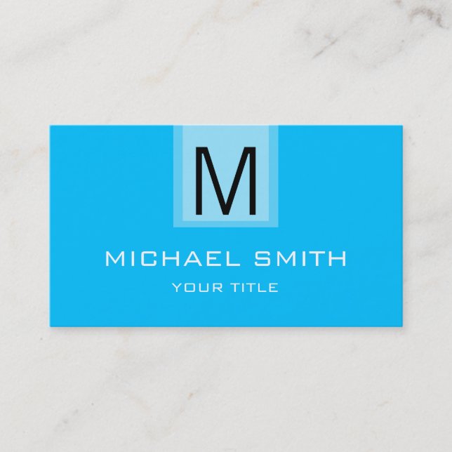 Professional Deep sky blue Solid Colour Monogram Business Card (Front)