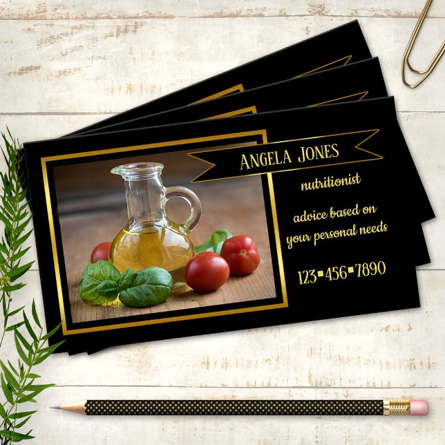 Professional Dietician Nutritionist Business Card (Business card featuring a still life image with olive oil and tomatoes with basil and golden lining)