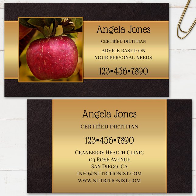 Professional Dietician Nutritionist Photo Business Card (Business card showing your photo framed by a dark brown leather and gold printed design - dietitian)