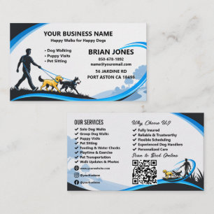 Professional Dog Walking Pet Sitting Black Blue QR Business Card