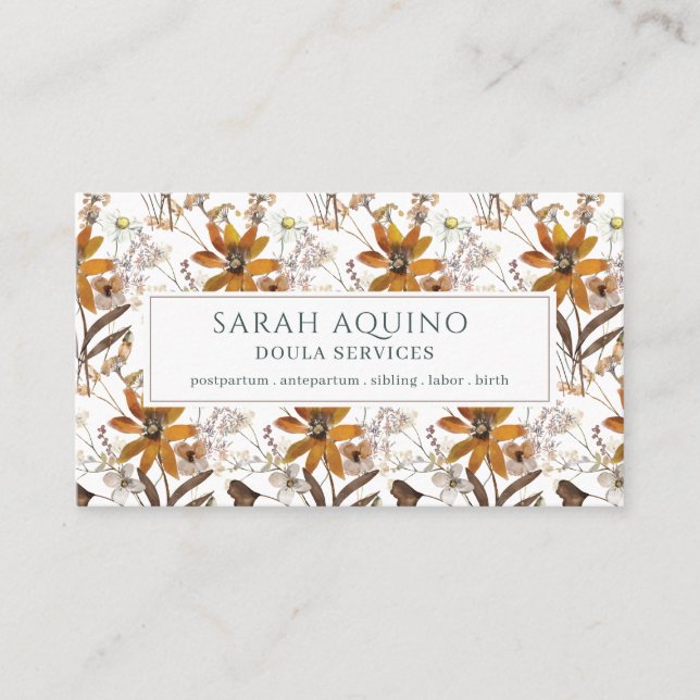 Professional Doula Floral Terracotta Wildflowers Business Card (Front)