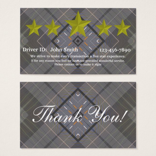 Professional Driver five star rating feedback card (Front & Back)