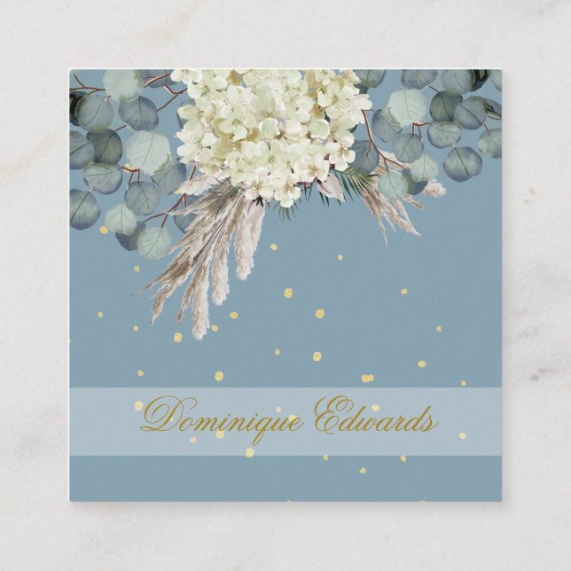 Professional Dusty Blue Gold Floral Chic Square Business Card (Back)