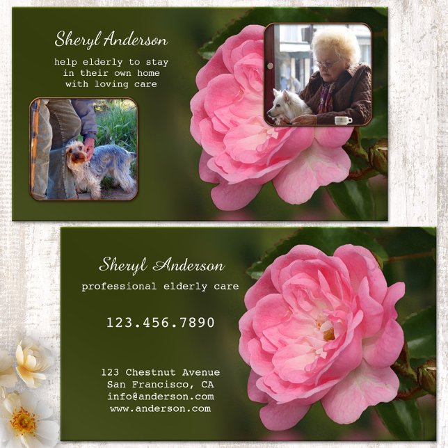 Professional Elderly Care Photo Business Card (Professional elderly or senior citizen care business card showing two photos on green - pink flower)