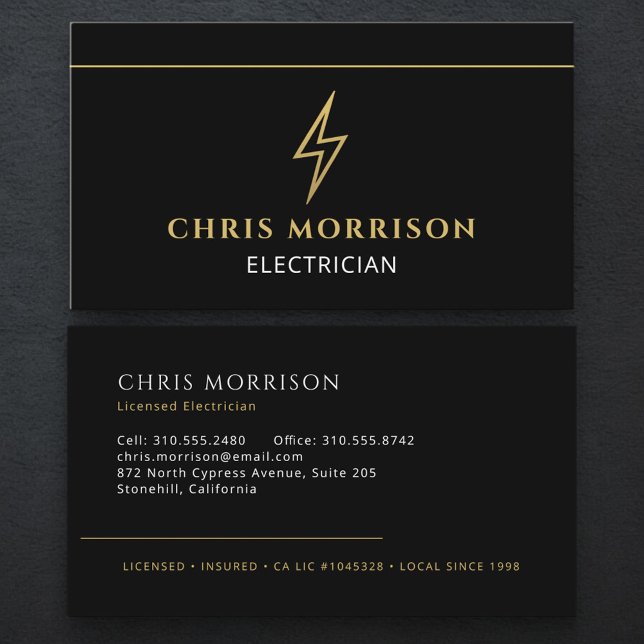 Professional Electrician Black Gold Contractor Business Card (Creator Uploaded)
