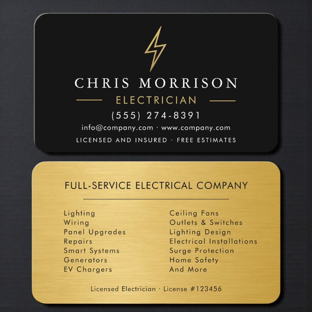 Professional Electrician Contractor Black & Gold Business Card (Creator Uploaded)
