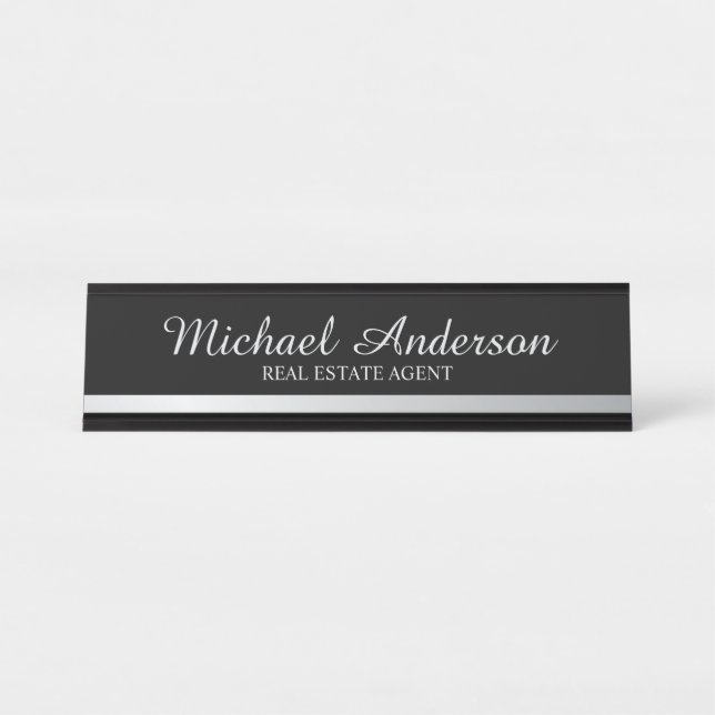 Professional Elegant Black and Silver Desk Name Plate (Front)